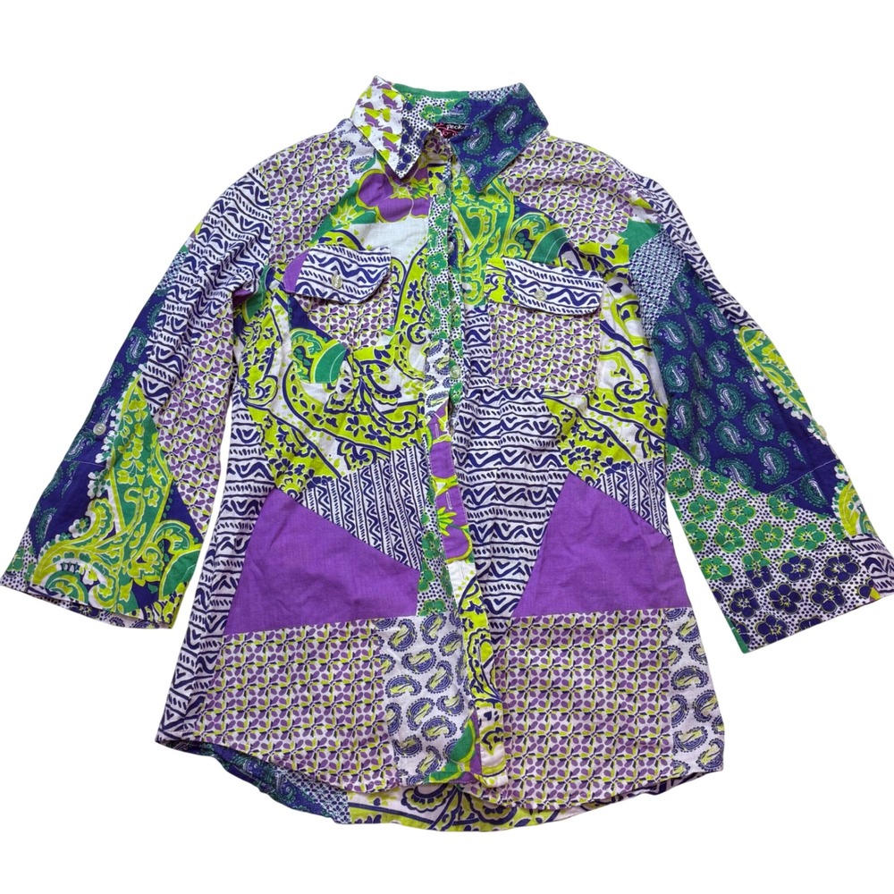 Peck & Peck Women Patchwork Paisley Floral Button Down Shirt Purple Green size 4